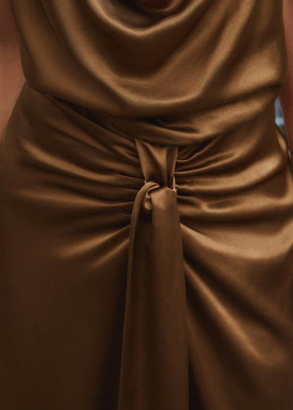 Slim Fit Brown Backless Wrinkled Side Open Silk Long Dress Sleeveless