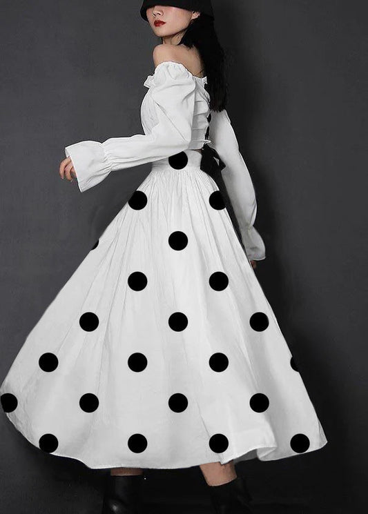 Organic White polka dots High Waist Cinched Patchwork Summer Cotton Skirts