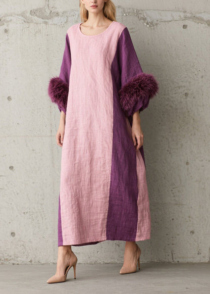 Casual Colorblock Fuzzy Fur Patchwork Cotton Dresses Fall