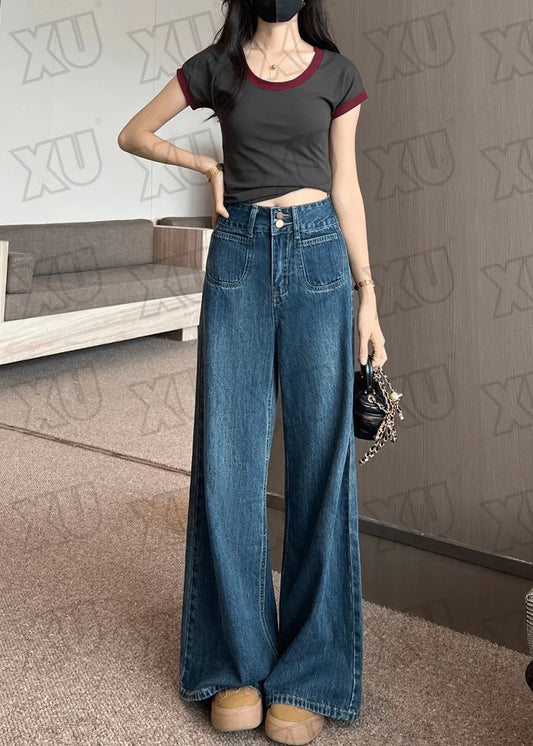 Boutique Navy High Waist Denim Straight Pants Fall