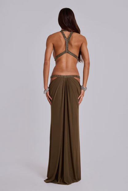 Vintage Style Olive Green Rhinestone Cutout Halter Gown