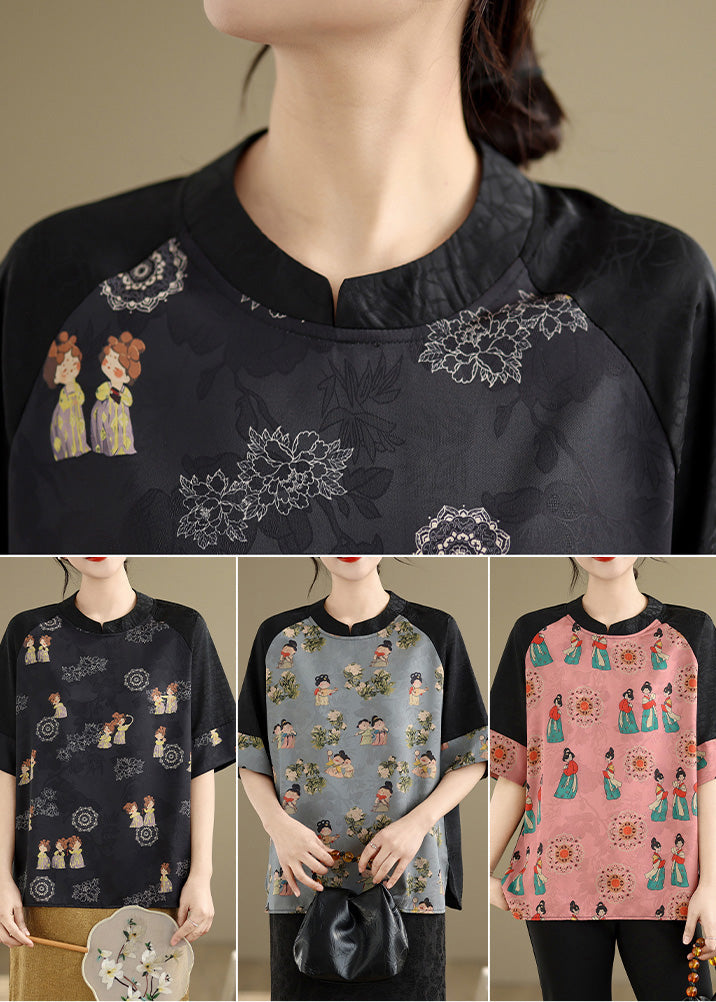 Retro Black Oversized Print Silk Blouse Tops Summer