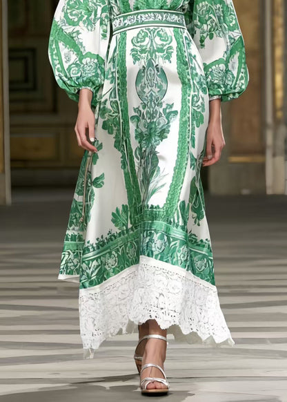 Vintage Green Puff Sleeve Patchwork Lace Robe Dresses Spring