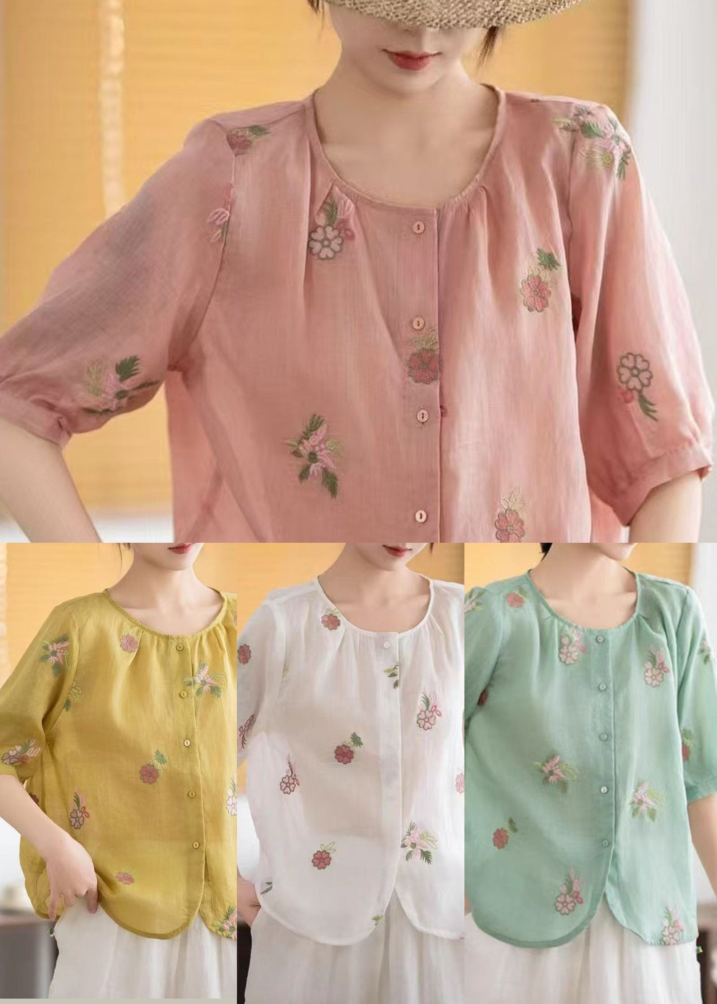 Red Linen Shirts O-Neck Embroidered Summer