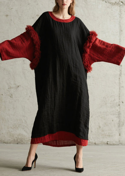 Bohemian Black Oversized Patchwork Faux Fur Maxi Dresses Fall
