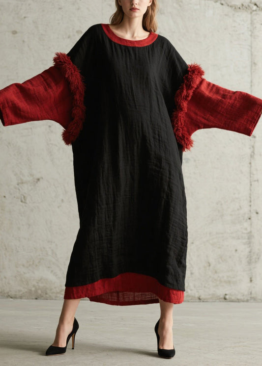 Bohemian Black Oversized Patchwork Faux Fur Maxi Dresses Fall