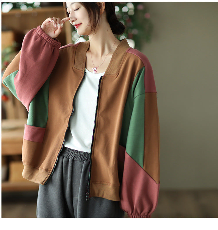 Retro Color-Blocking Loose Long-Sleeved Casual Literary Jacket