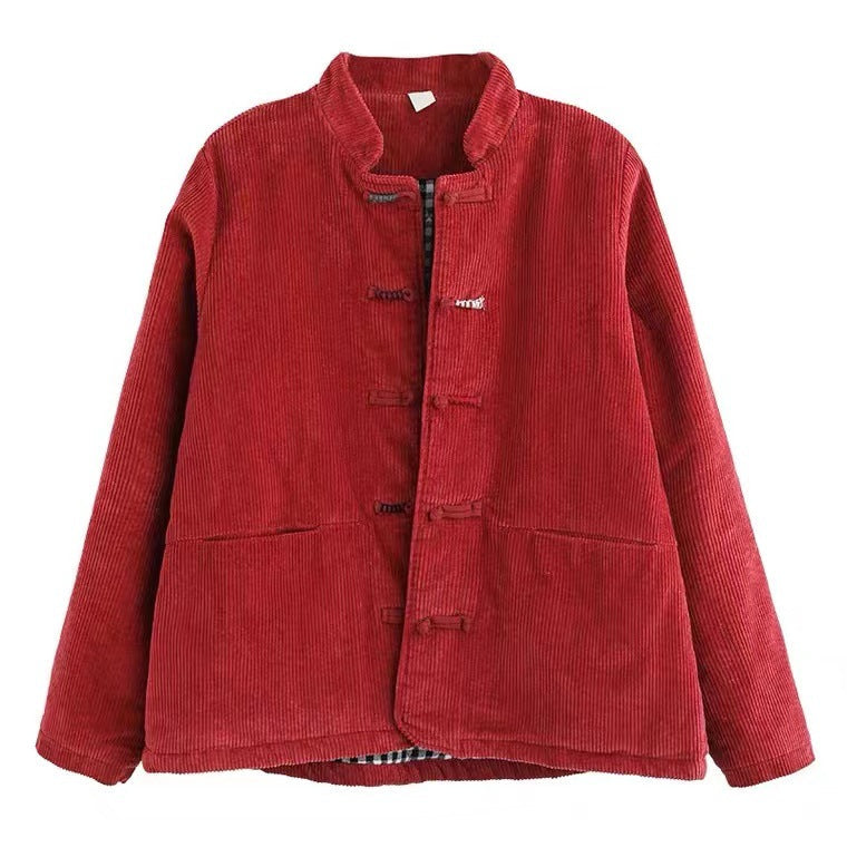 Stand Collar Corduroy Buckle Solid Stripe Thermal Jacket