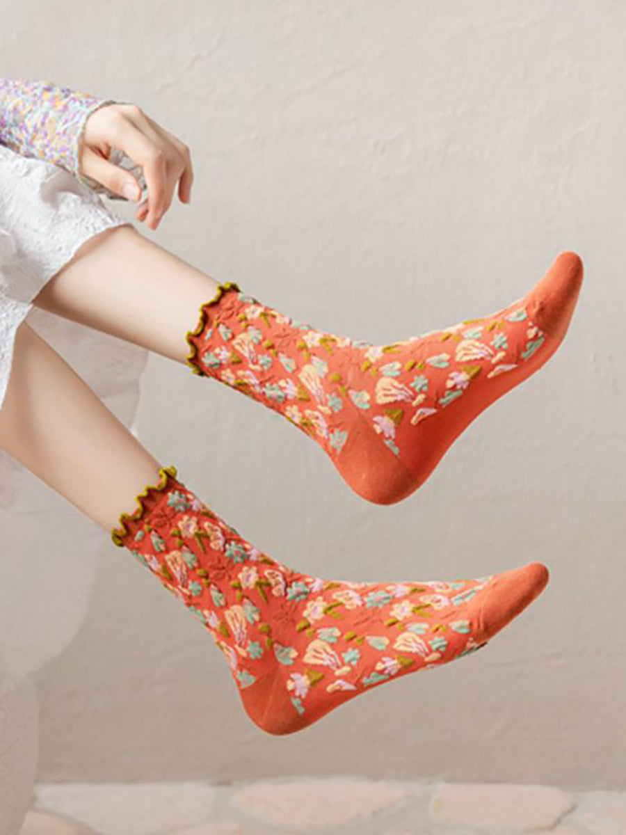 6 Pairs Japanese Floral Cotton Socks Women Vintage Socks