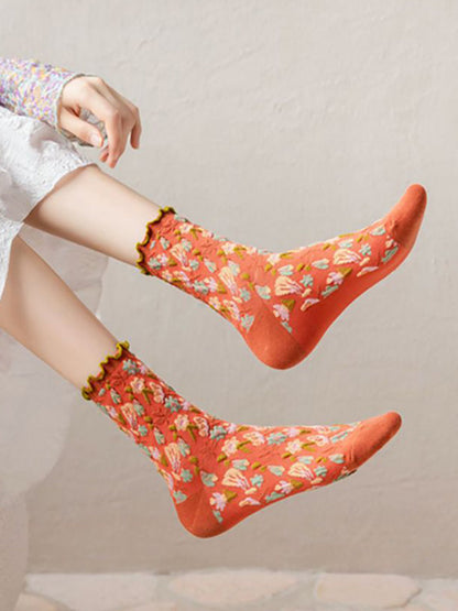 6 Pairs Japanese Floral Cotton Socks Women Vintage Socks