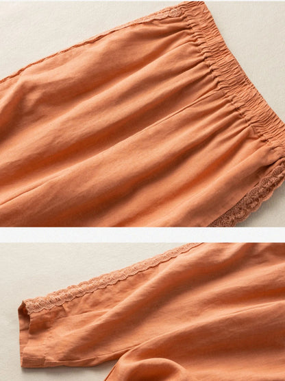 Pure Color Lace Stitching Casual Linen Harem Pants With Pockets