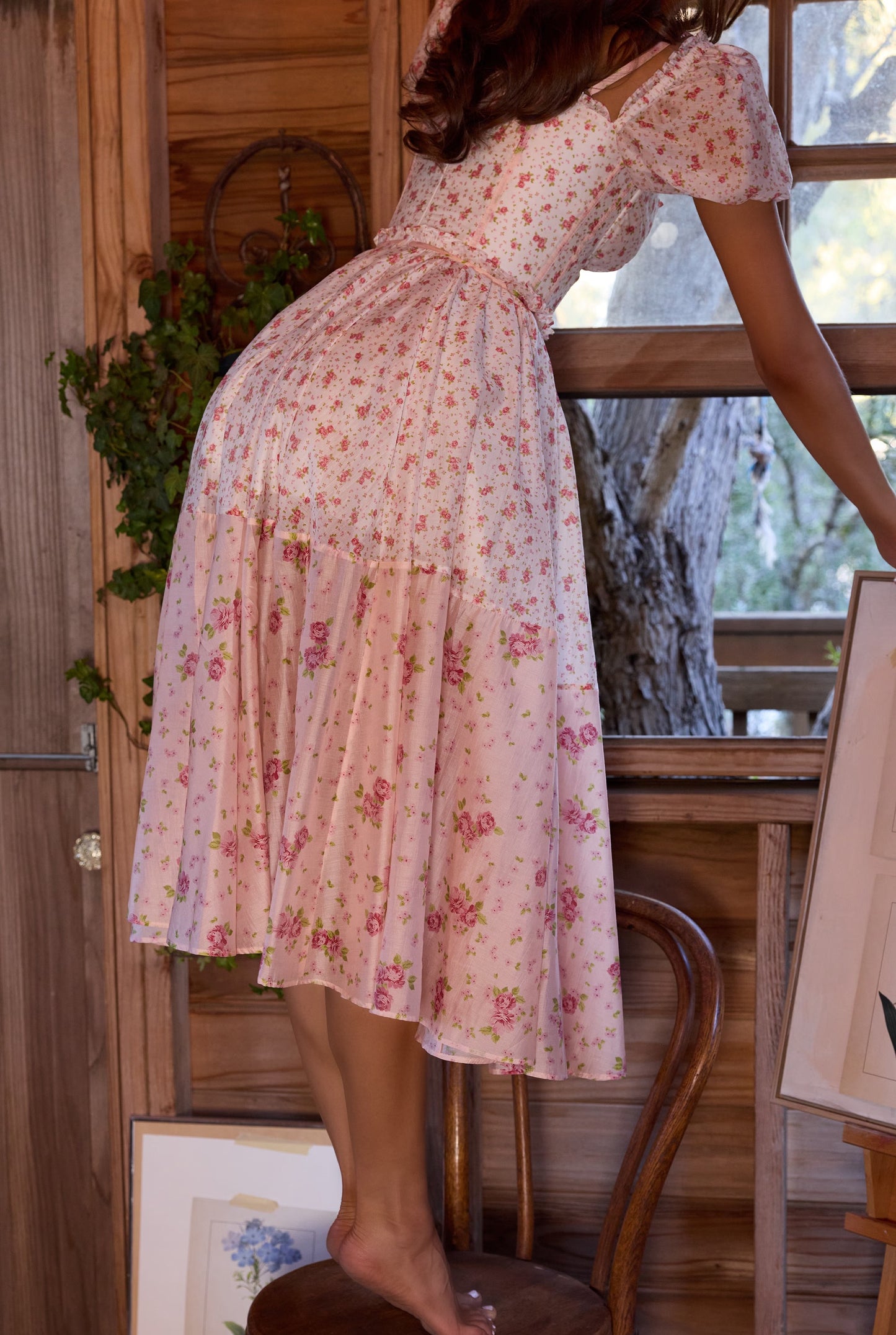 Pink Floral Print Off-Shoulder Puff Sleeve Tiered Midi Dress