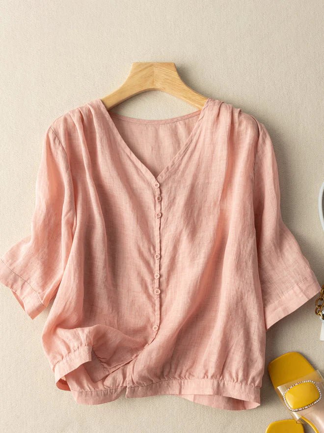 Pure Color V Neck 3/4 Sleeve Casual Linen Shirt Top