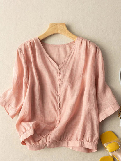 Pure Color V Neck 3/4 Sleeve Casual Linen Shirt Top