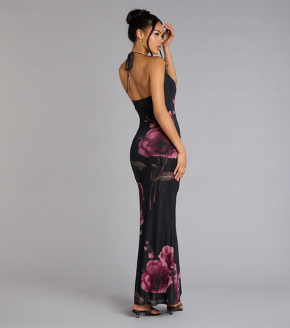 Rooftop Romance Floral Mesh Halter Maxi Dress