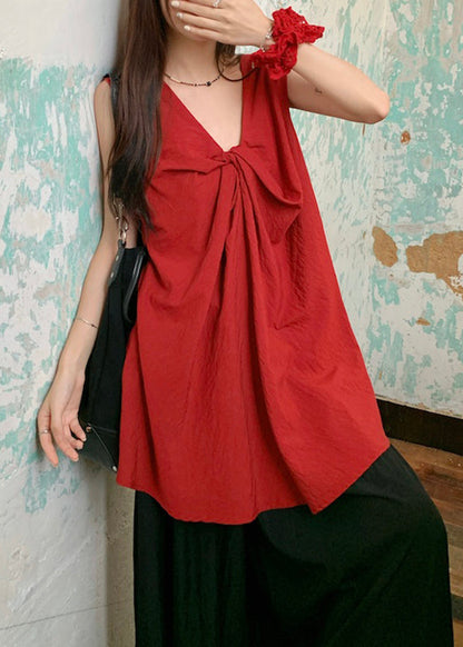 Casual Red V Neck Wrinkled Top Sleeveless