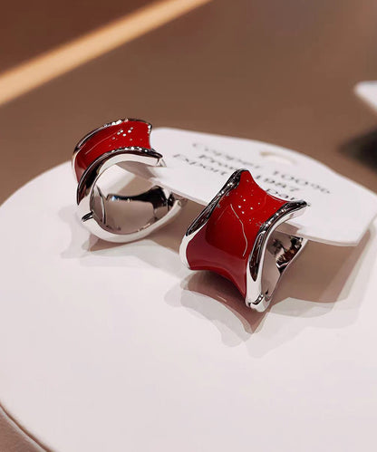 Light Luxury Irregular Wine Red Copper Hoop Earrings