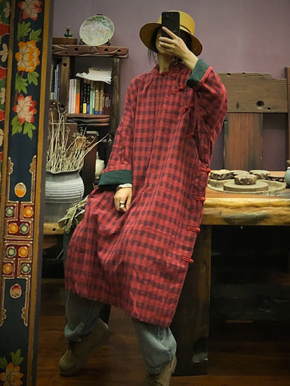Women Stand Collar Button Cotton Robe Dress