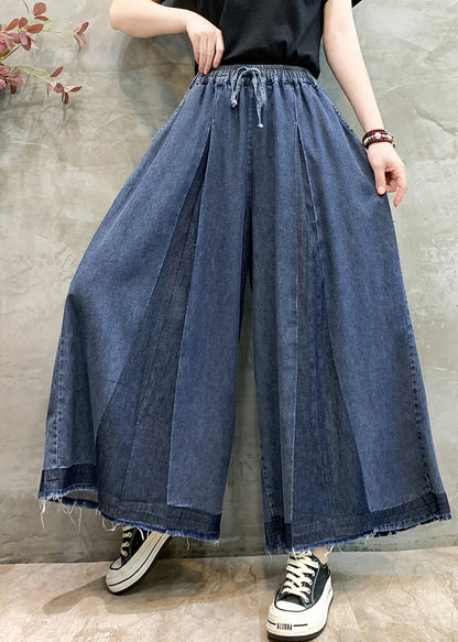 Plus Size Navy Oversized Wrinkled Denim Wide Leg Pants Summer
