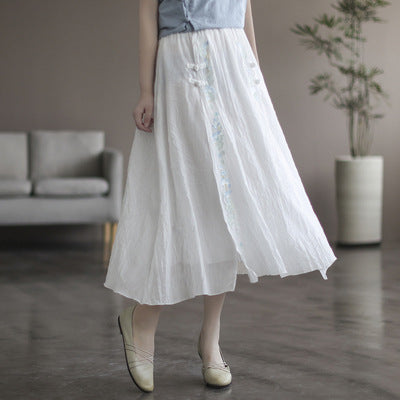 Vintage Double Cotton Linen Embroidered Buckle A-Line Skirt