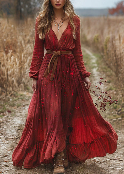 Plus Size Red V Neck Wrinkled Patchwork Cotton Dress Long Sleeve