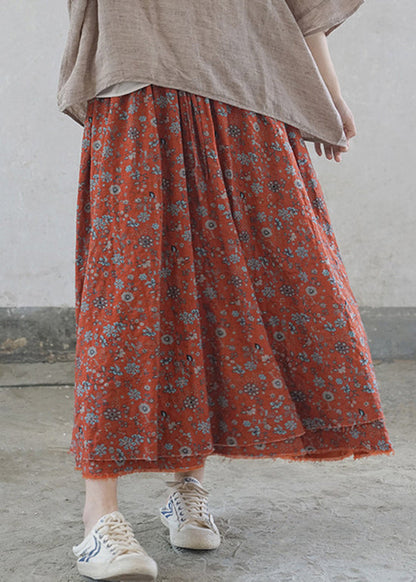 Women Red elastic waist tie waist Print Cotton Skirts Spring