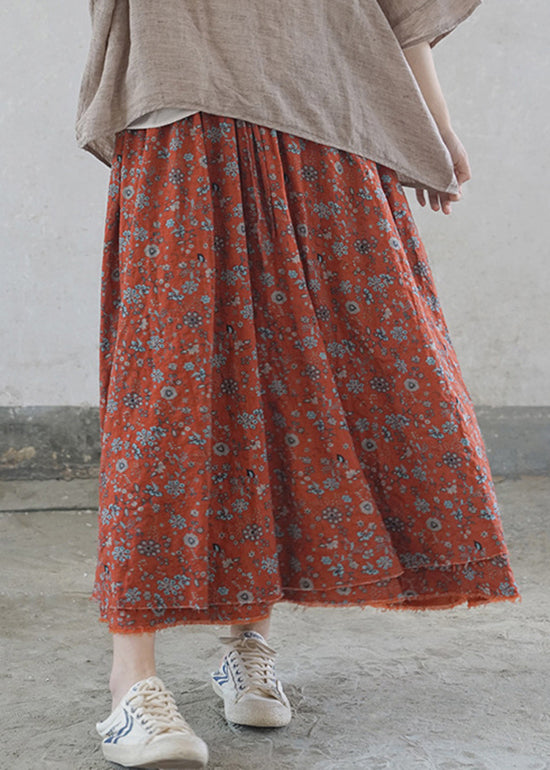 Women Yellow flowers elastic waist tie waist Print Cotton Skirts Spring
