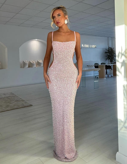 Blush Pink Beaded Cutout Maxi Gown
