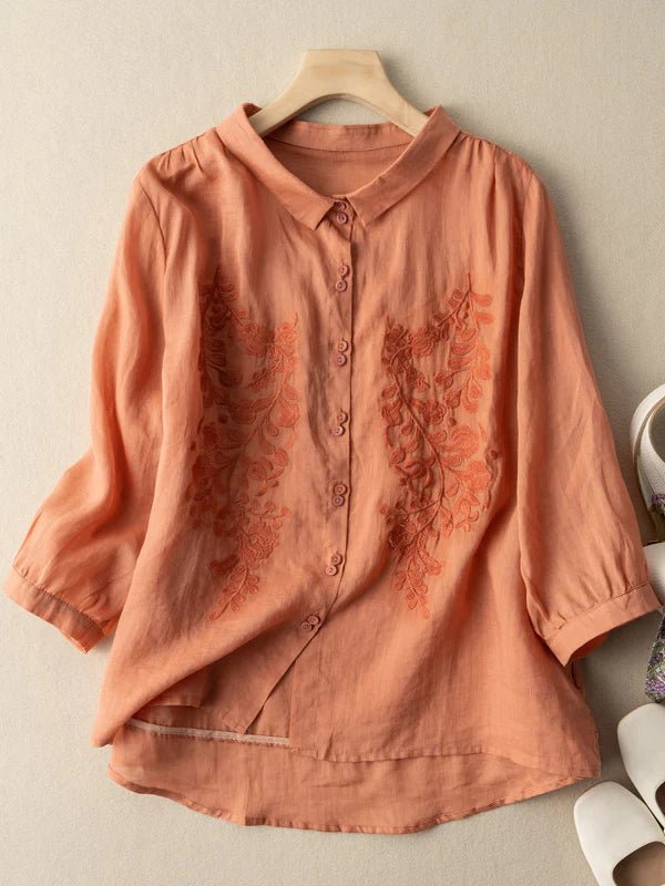 Embroidered 3/4 Sleeve Casual Linen Shirt Top