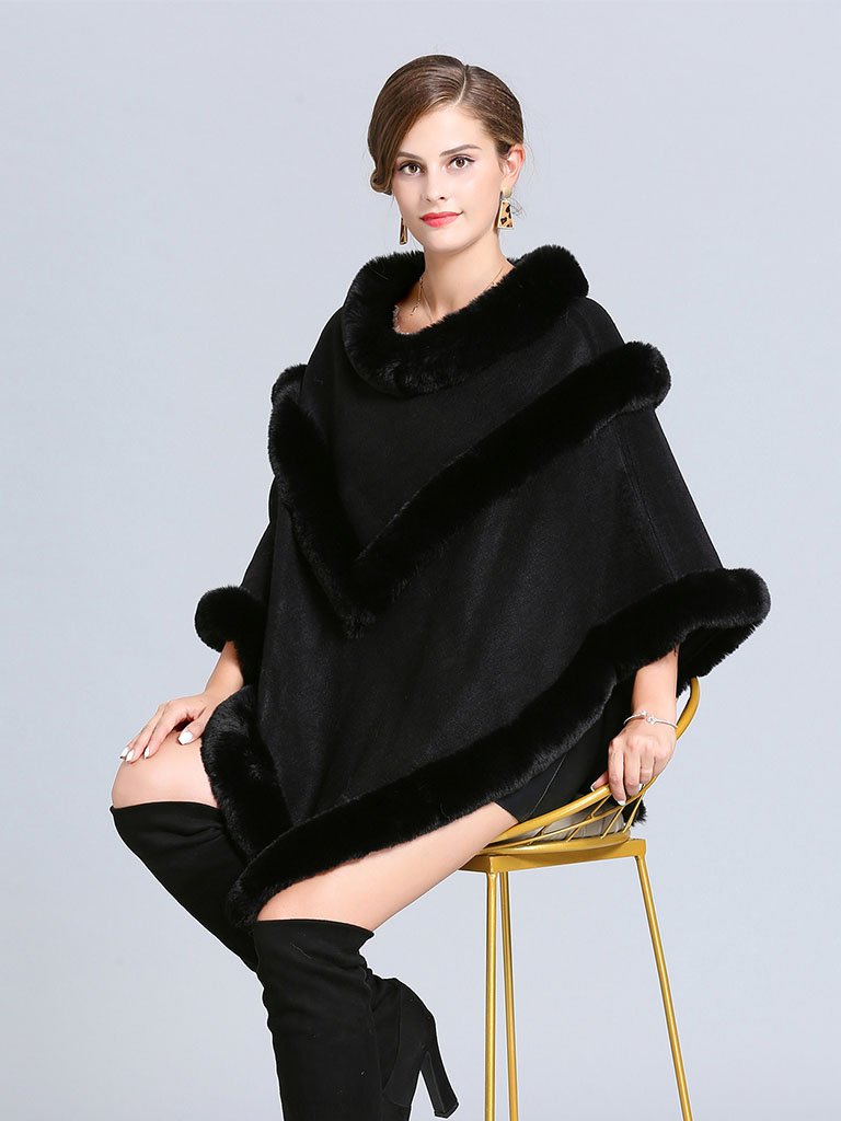 Women Coat Cape Peacoat Faux Fur Collar Poncho