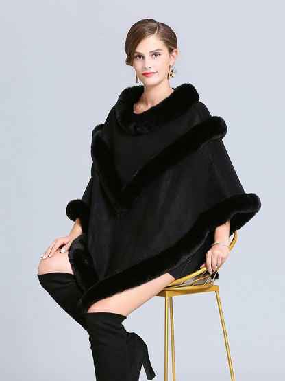Women Coat Cape Peacoat Faux Fur Collar Poncho