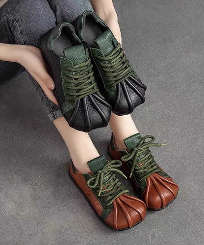 Vintage Green Cowhide Leather Flat Shoes Splicing Lace Up