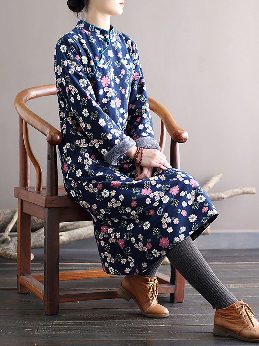 Women Winter Chinese Style Floral Print Frog Thick Dress