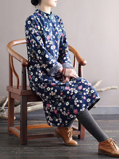 Women Winter Chinese Style Floral Print Frog Thick Dress