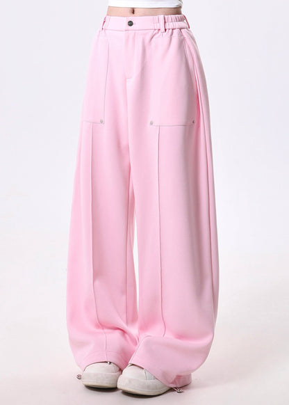 Chic Pink Elastic Waist Cotton Straight Pants Spring