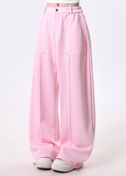 Chic Pink Elastic Waist Cotton Straight Pants Spring
