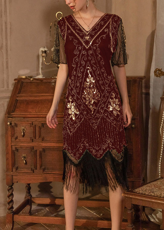 Stylish Mulberry V Neck Tasseled Sequins Long Dress Summer