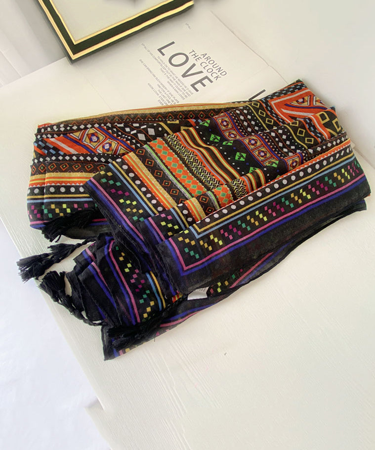French Geometric Print Tasseled Cotton Scarf