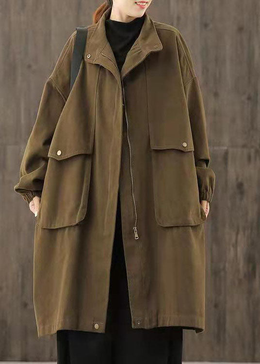 Handmade Coffee Casual zippered Pockets Patchwork Fall trench coats