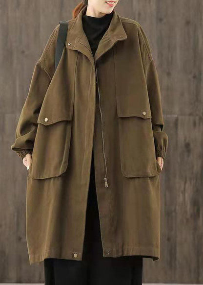 Handmade Coffee Casual zippered Pockets Patchwork Fall trench coats