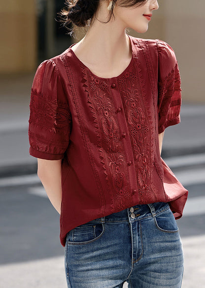 Natural Red O-Neck Embroidered Cotton Blouses Summer