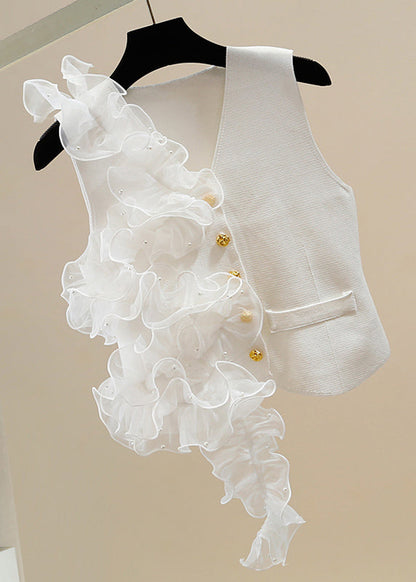 Chic White V Neck Button Tulle Patchwork Cotton Waistcoat Sleeveless