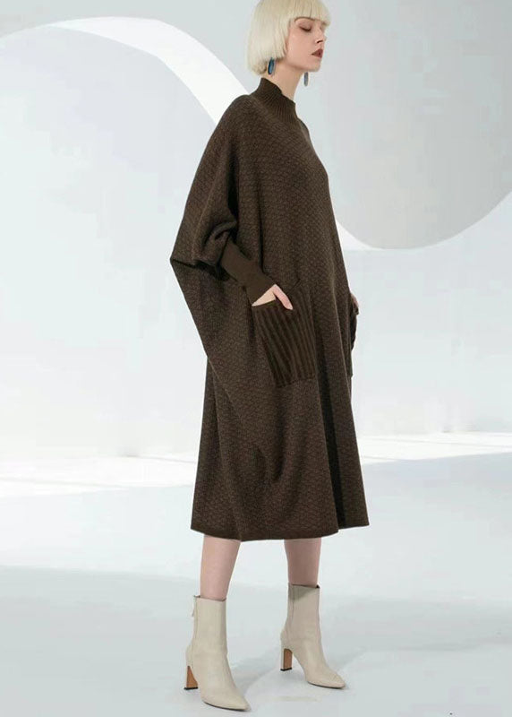 Elegant Coffee Turtle Neck Patchwork Pockets Wool Sweater Dress Long Sleeve