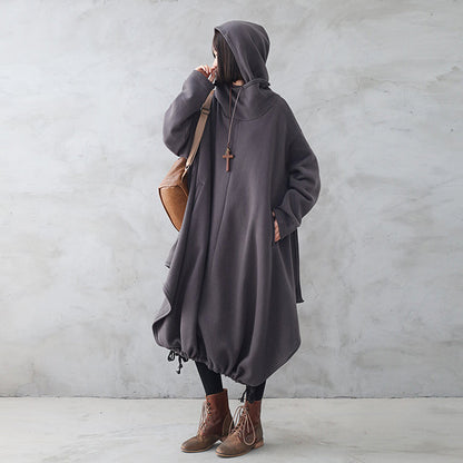 Women Retro Loose Autumn Winter Solid Hooded Dress