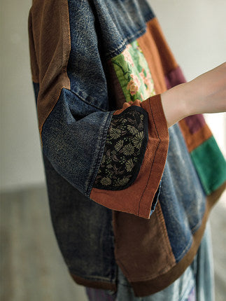 Vintage Plus Size Print Denim Panel Doll Sleeve T-Shirt