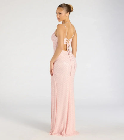 Valeria Cutout Lace-Up Sequin Beaded Formal Dress