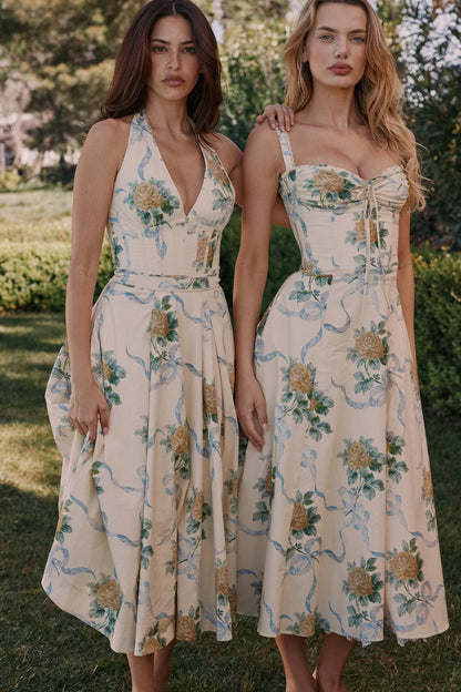 Lemon Vintage Ribbon Print Cotton Midi Dress
