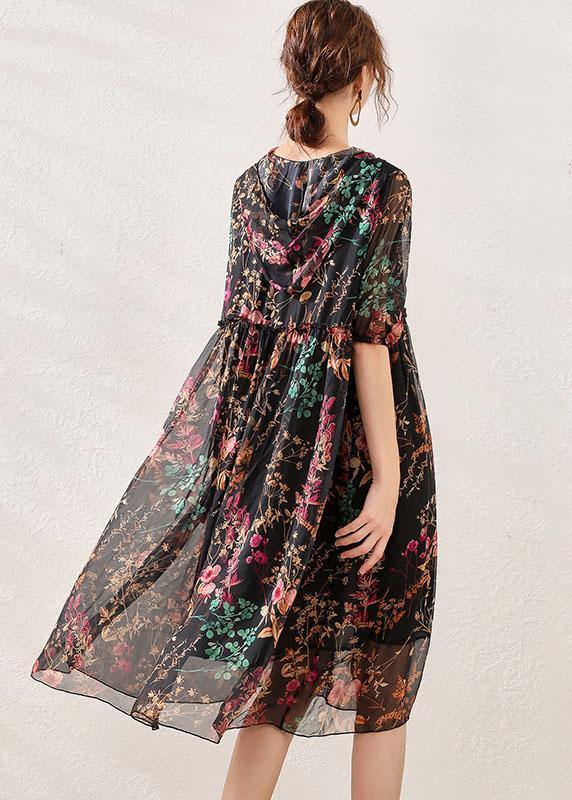 Boho Pink Cinched Print Summer Chiffon Mid Dress Half Sleeve
