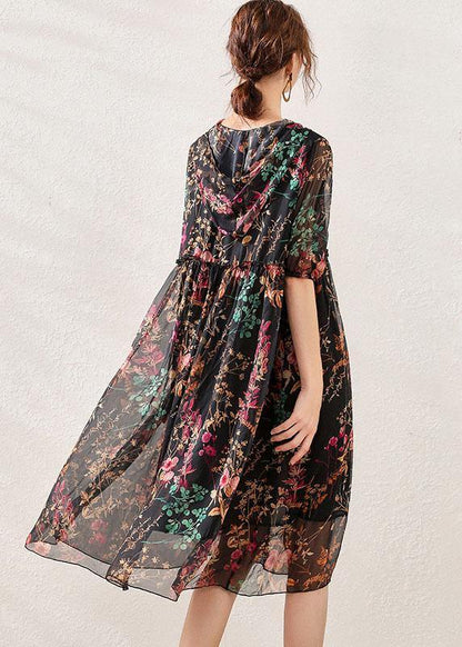 Boho Pink Cinched Print Summer Chiffon Mid Dress Half Sleeve