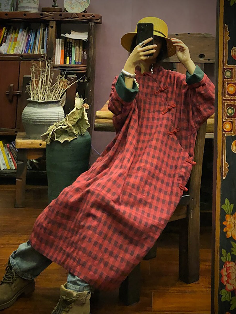 Women Stand Collar Button Cotton Robe Dress